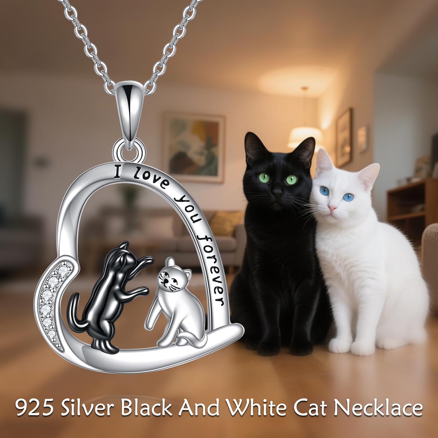 TIGER RIDER VONALA Cat Necklace 925 Sterling Silver Animal Heart Pendant Black White Two Cat Jewelry for Women - Image 3