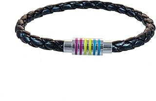 Pansexual Pan Pride Black Braided Leather Bracelet with Magnetic Clasp 8 inch