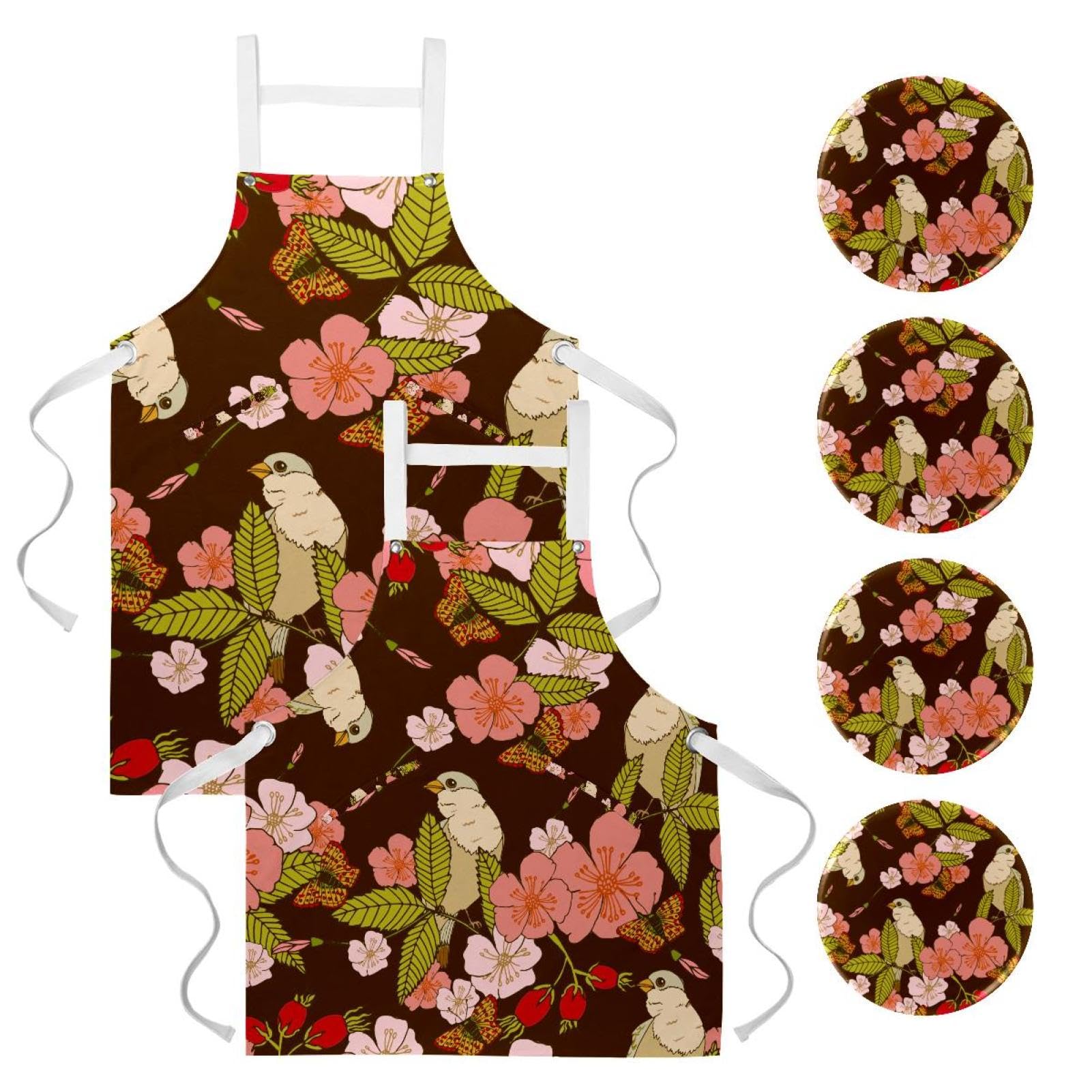 Tablier de cuisine avec 4 broches incluses et imprimé rétro oiseau blanc rose
