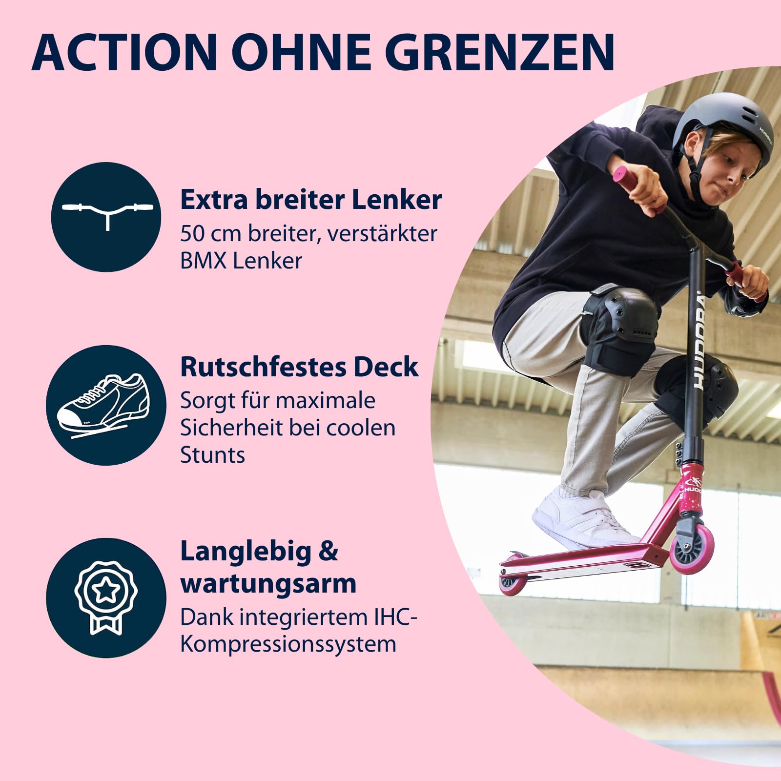 HUDORA Stunt Scooter für den Skatepark – robuster Freestyle Roller mit 360° Lenker, ABEC 9 Kugellager & Stahlbremse – Stunt Roller für Anfänger & Geübte, rutschfestes Deck, schnell rollend
