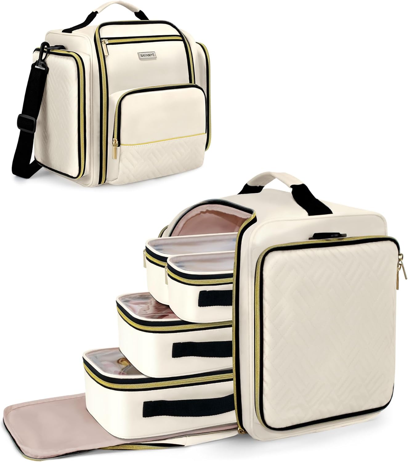 Large Travel Makeup Bag - Cosmetic Organizer with 4 Removable Inner Pockets, Multi-functional Toiletry Bag for Accessories & Brushes, Women's Beauty Case, Beige