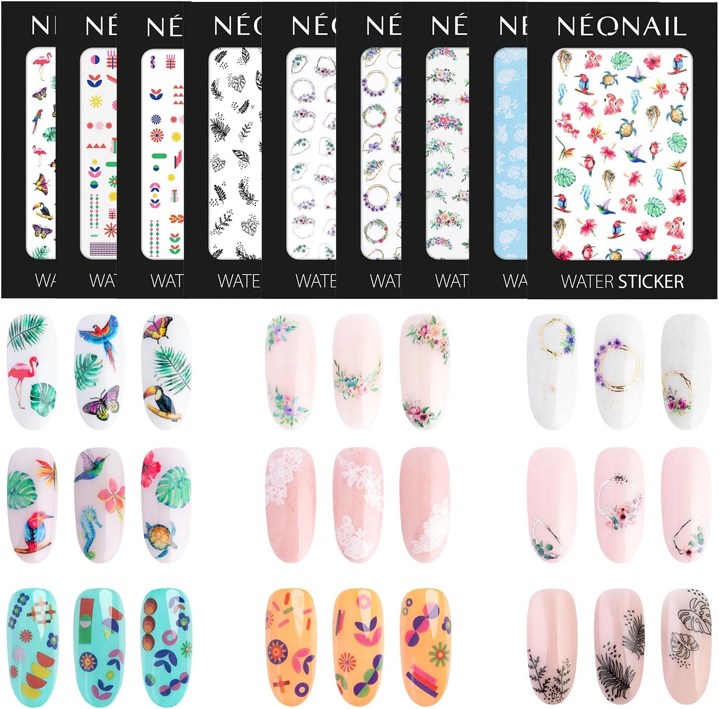 NÉONAIL Naklejki wodne - 9 arkuszy - różnorodne wzory - zdobienia do manicure