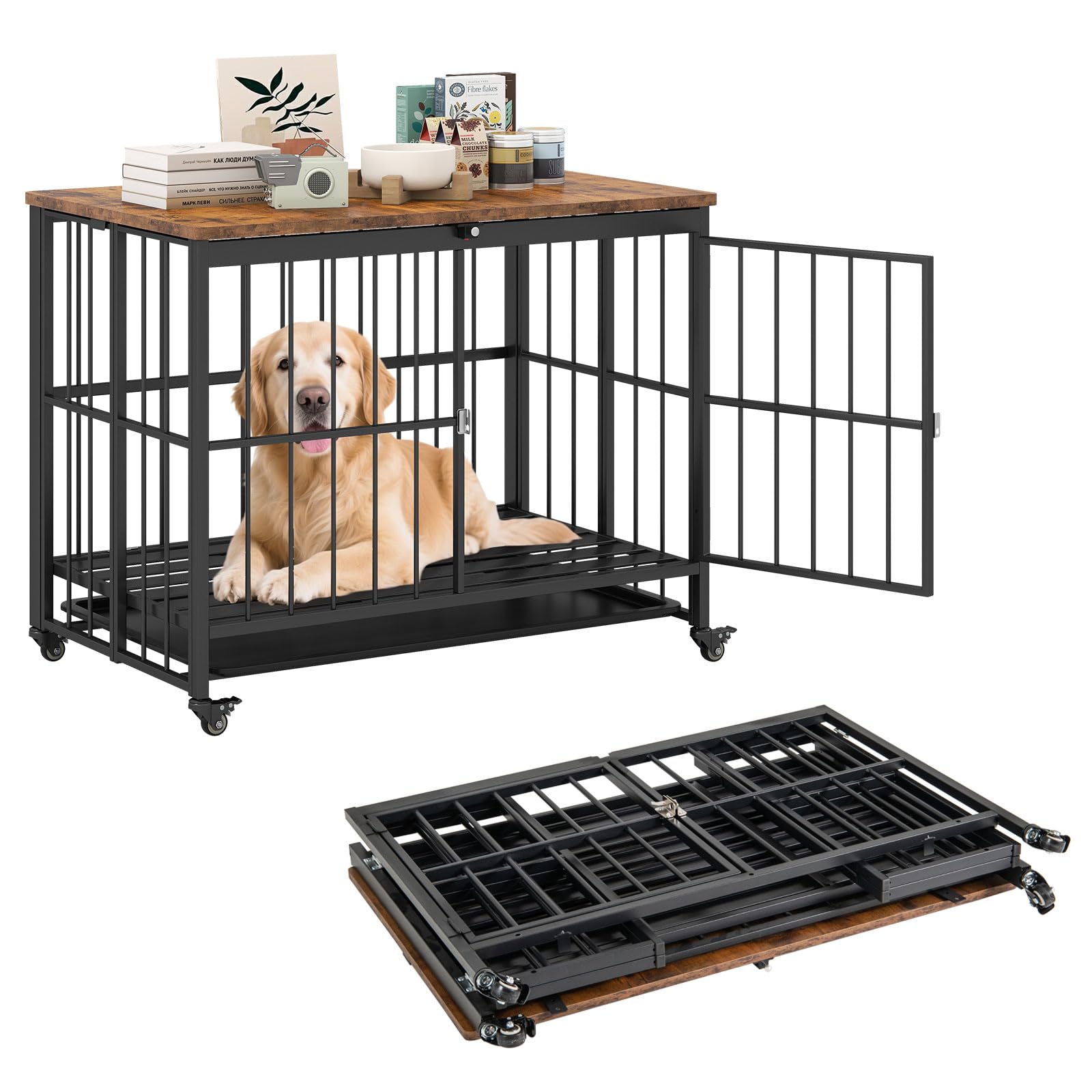 COSTWAY Cage pour Chien Pliable à Roulettes, Plateau Amovible, Caisse Chien en Métal Résistante aux Morsure, Couvercle Rabattable, Porte Verrouillable, Niche pour Chiot Charge 140 kg (97 x 64 x 75 cm)