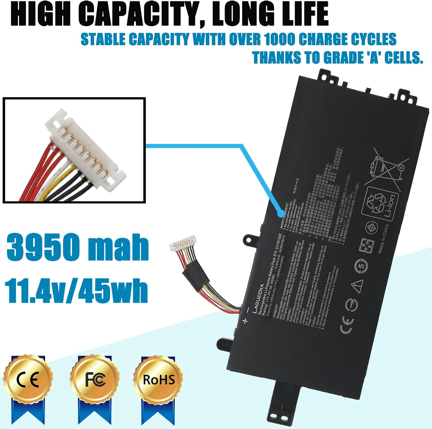 C31N1522 Laptop Battery Compatible with ASUS Q553U N593UB N593UB-1A Series C31PMC6 0b200-01880000 11.4V 45Wh