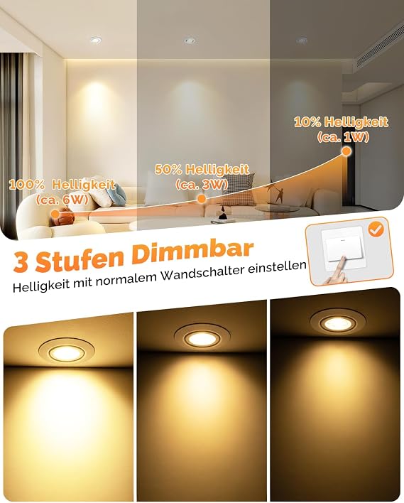 wowatt 6 LED Recessed Spotlights 3 Levels Dimmable 6 W LED Spotlights 230 V Swivelling 3000 K Warm White 4000 K Neutral White 6000 K Cool White Ceiling Spotlights White 68 mm Hole Size [Energy Class E]