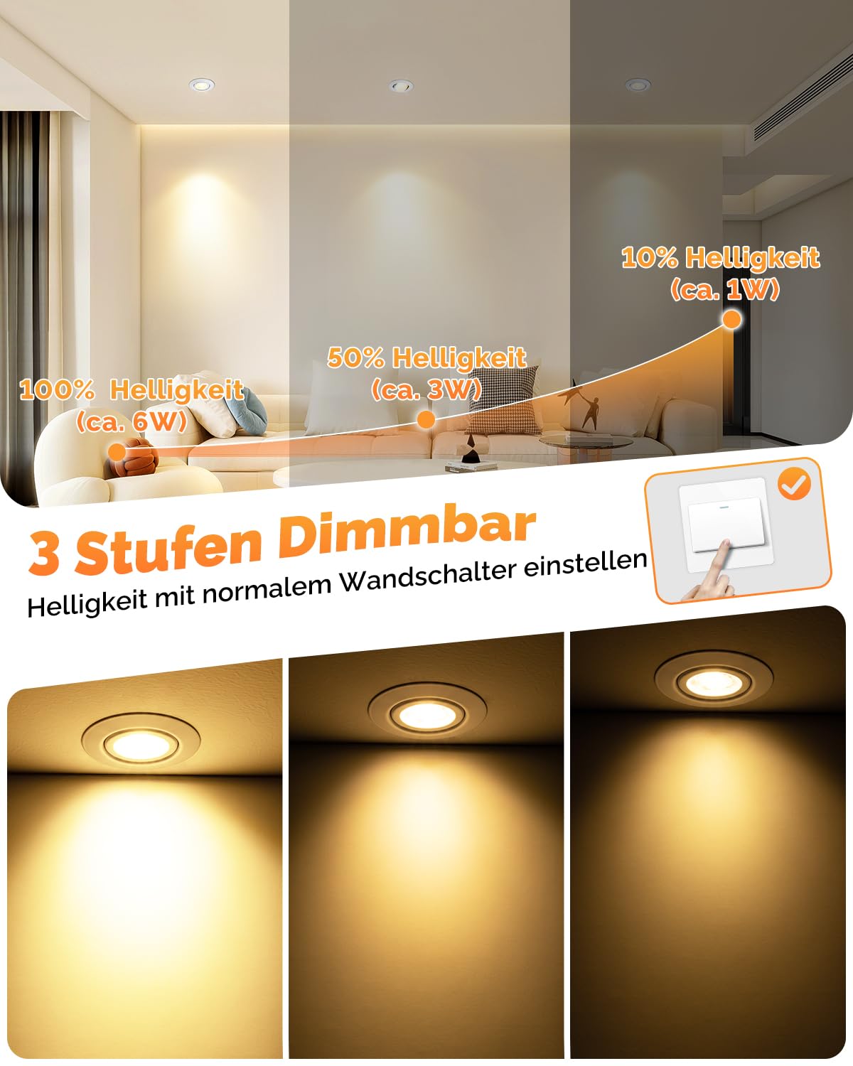 wowatt 6er LED Einbaustrahler 3 Stufen Dimmbar, 6W LED Spots 230V Schwenkbar 3000K Warmweiß 4000K Neutralweiß 6000K Kaltweiß, Deckenspots Weiß 68mm Lochmaß, IP44 Einbauleuchten Flach für Badezimmer