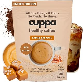 Cuppa Salted Caramel Healthy Mushroom Insant Coffee with Lion's Mane & Ashwagandha for All Day Energy & Focus - No Crash or Jitters - Nootropics for Brain Health, Gut Health, Immunity, Stress, Memory + Mood (30 Servings, Medium Roast)