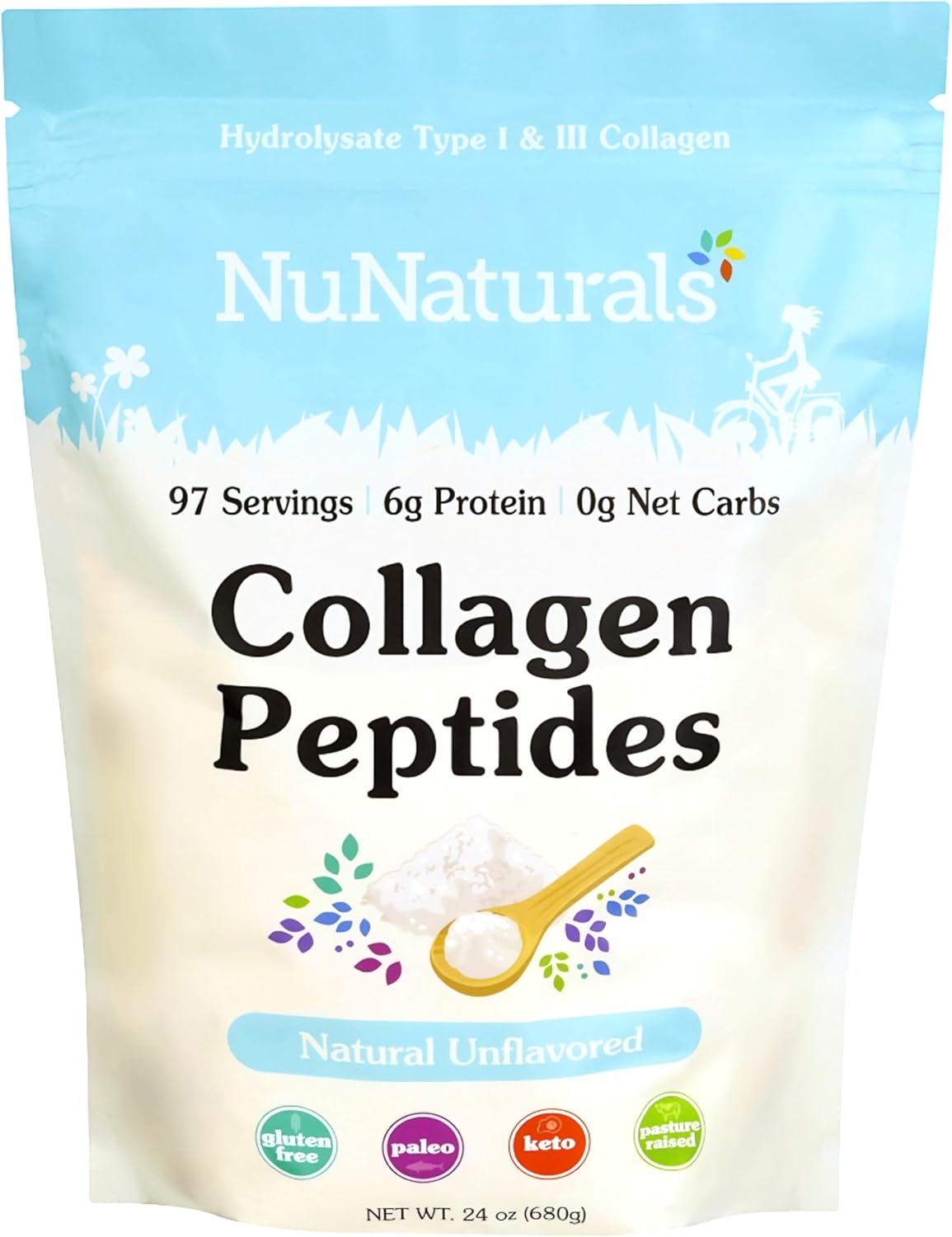 Nunaturals Collagen Peptides Powder (Type I, III), for Skin, Hair and Nail, 24oz