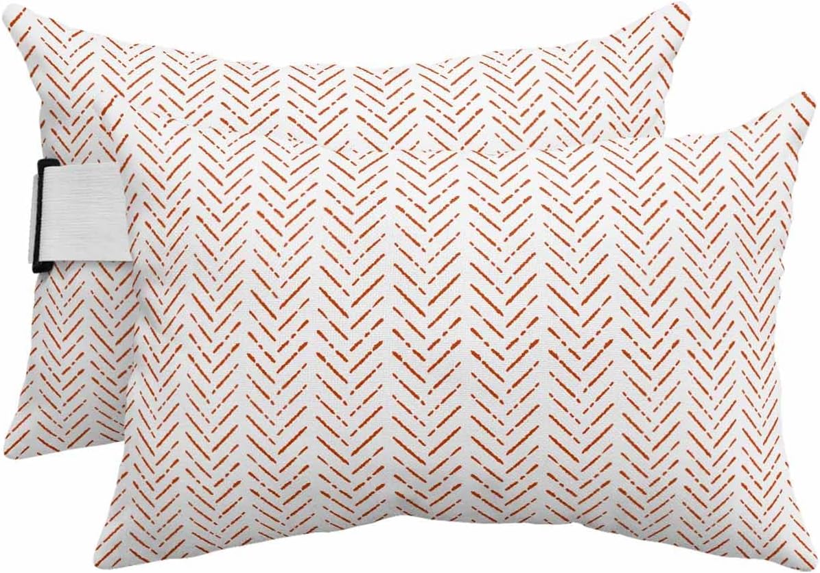 Outdoor Lumbar Pillows with Strap & Insert OrangeStripes Recliner Head Pillow Pack of 2 Modern Art Lines Waterproof Headrest Patio Lounge Chair Pillows for Beach Pool Office Chaise Chair 12x20 Inch