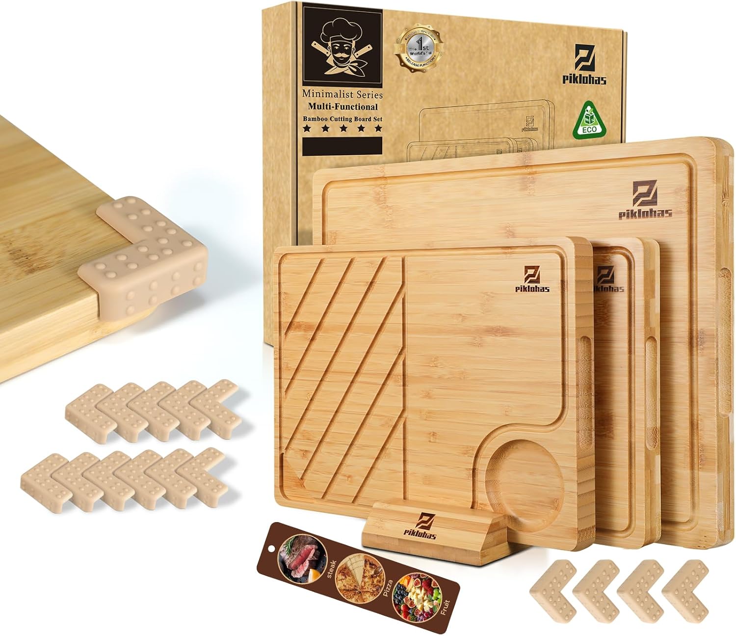 Bamboo Cutting Boards Large Set of 4 for Kitchen+Non-Slip Bumpers for Cutting Board