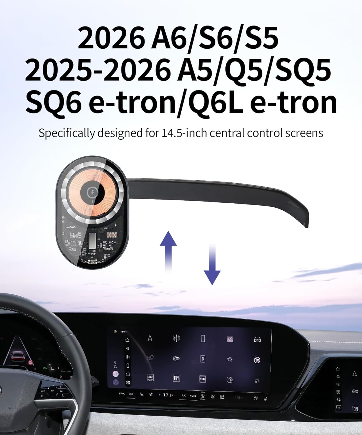 Wireless charging car phone holder For Audi A6/A6 Allroad/S6/S5 2026/Q5/SQ5/A5/SQ6 e-tron/Q6L e-tron 2025-2026 Accessories 14.5-inch Screen Fixed Clip,car phone mount Compatible with MagSafe