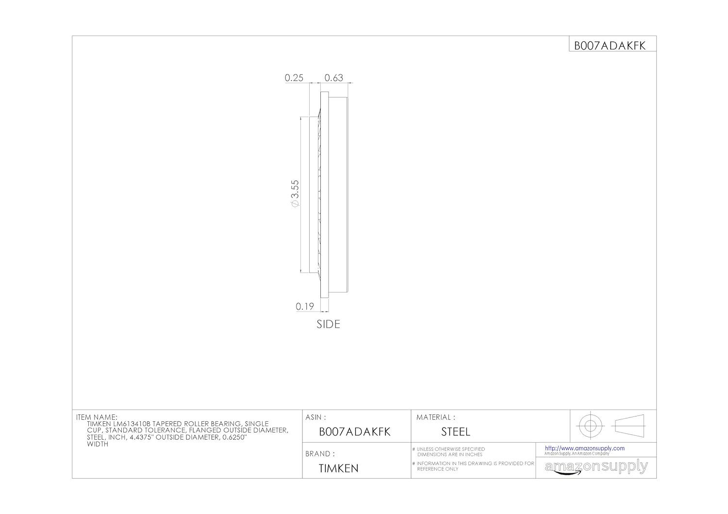 Timken LM613410B Tapered Roller Bearing, Single Cup, Standard Tolerance, Flanged Outside Diameter, Steel, Inch, 4.4375" Outside Diameter, 0.6250" Width