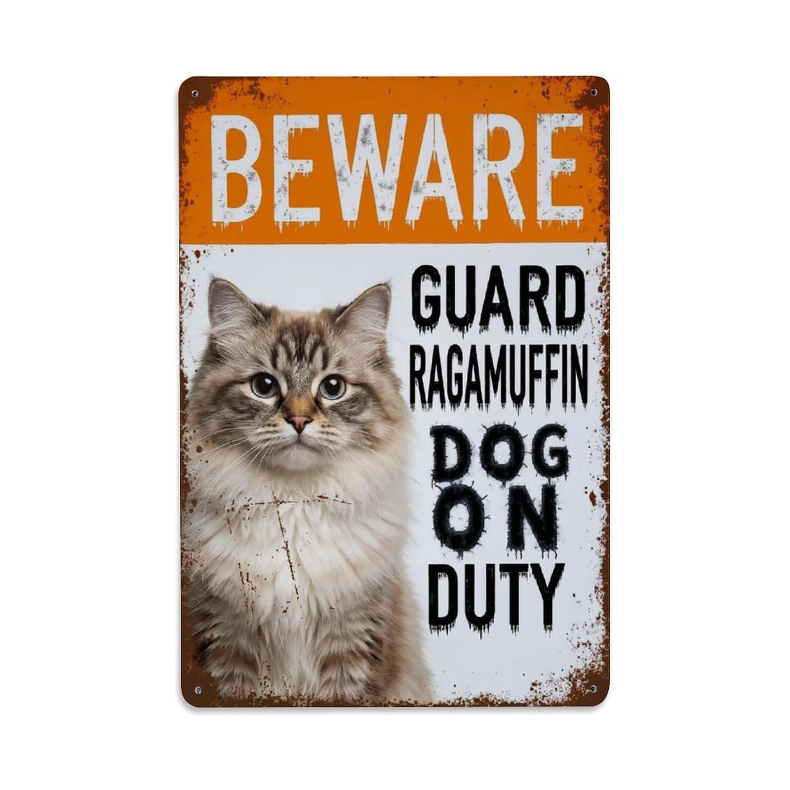 Vintage Funny Ragamuffin Guard Beware of Cat Spot Metal Tin Sign Plaque Wall Decor for Cafe, Club Bar, Office, Garden Metal Poster 8x12Inch
