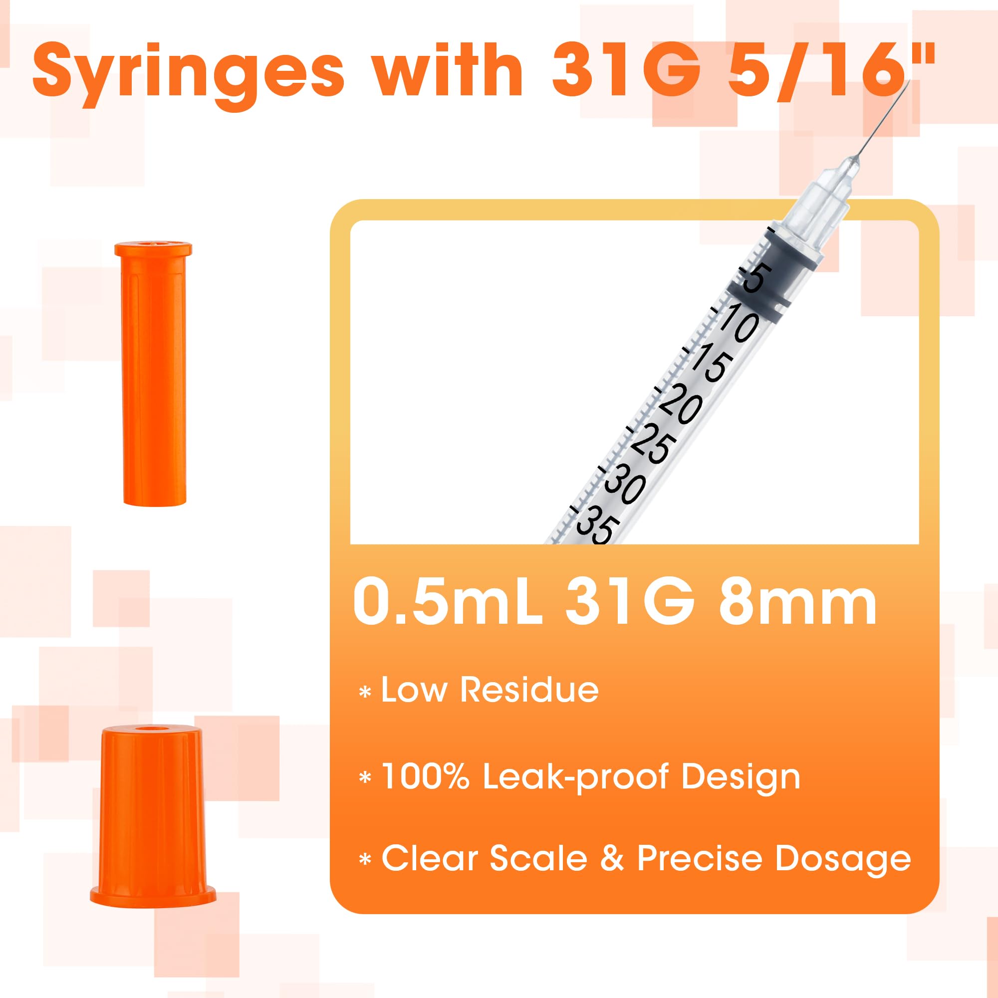 100 Pack 0.5ml Disposable Syringes with 31G 5/16" (8mm) Fixed Needle - U-100 Precise Scale, Low Dead Space, Individually Wrapped — Amazon image 2