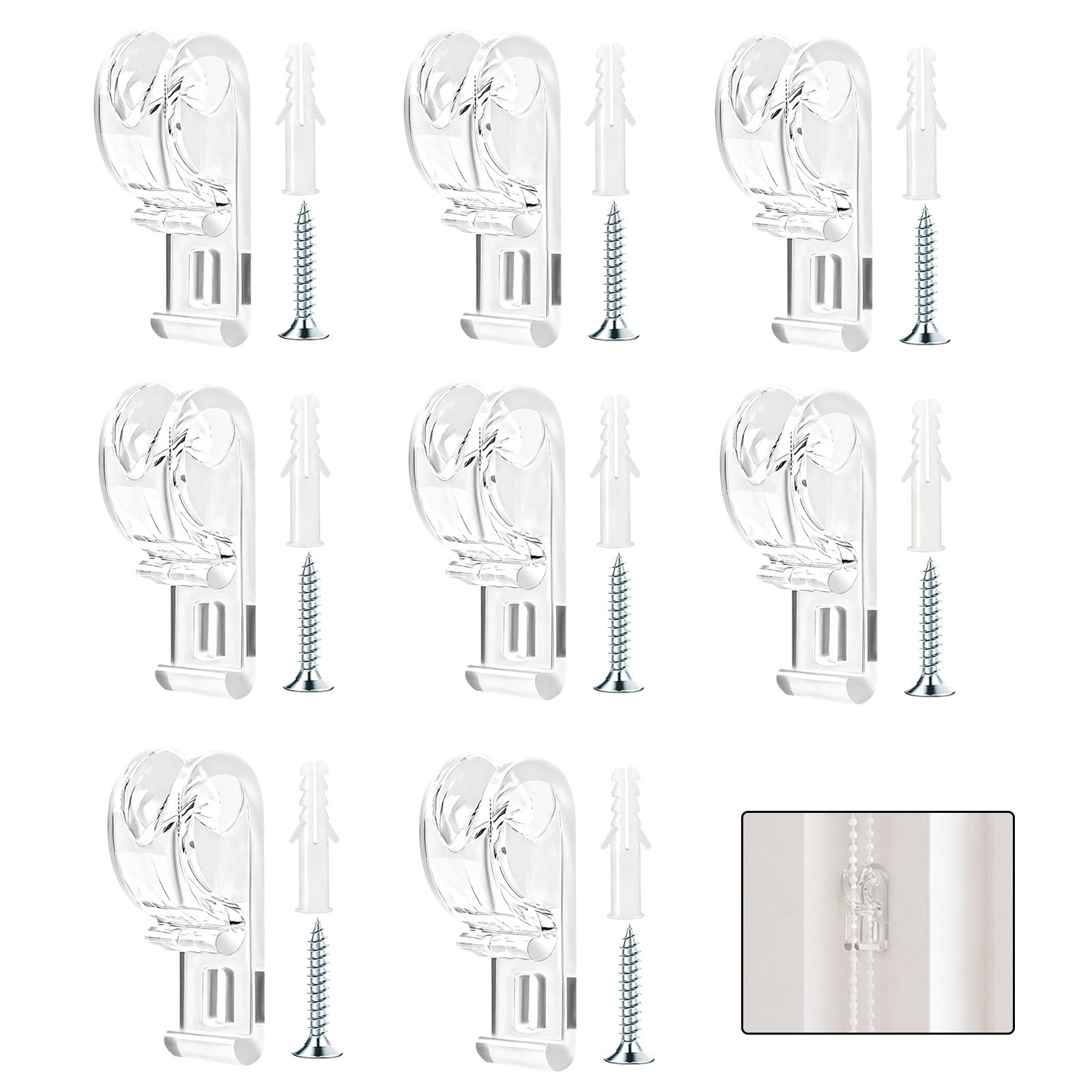 QIHAWN 8 Pack Clear Roller Blind Cord Retainers, Plastic P Clip Cord Guides, Blind Chain Safety Fixation Hooks for Roller Blinds, Vertical Blinds & Bead Chain Tension