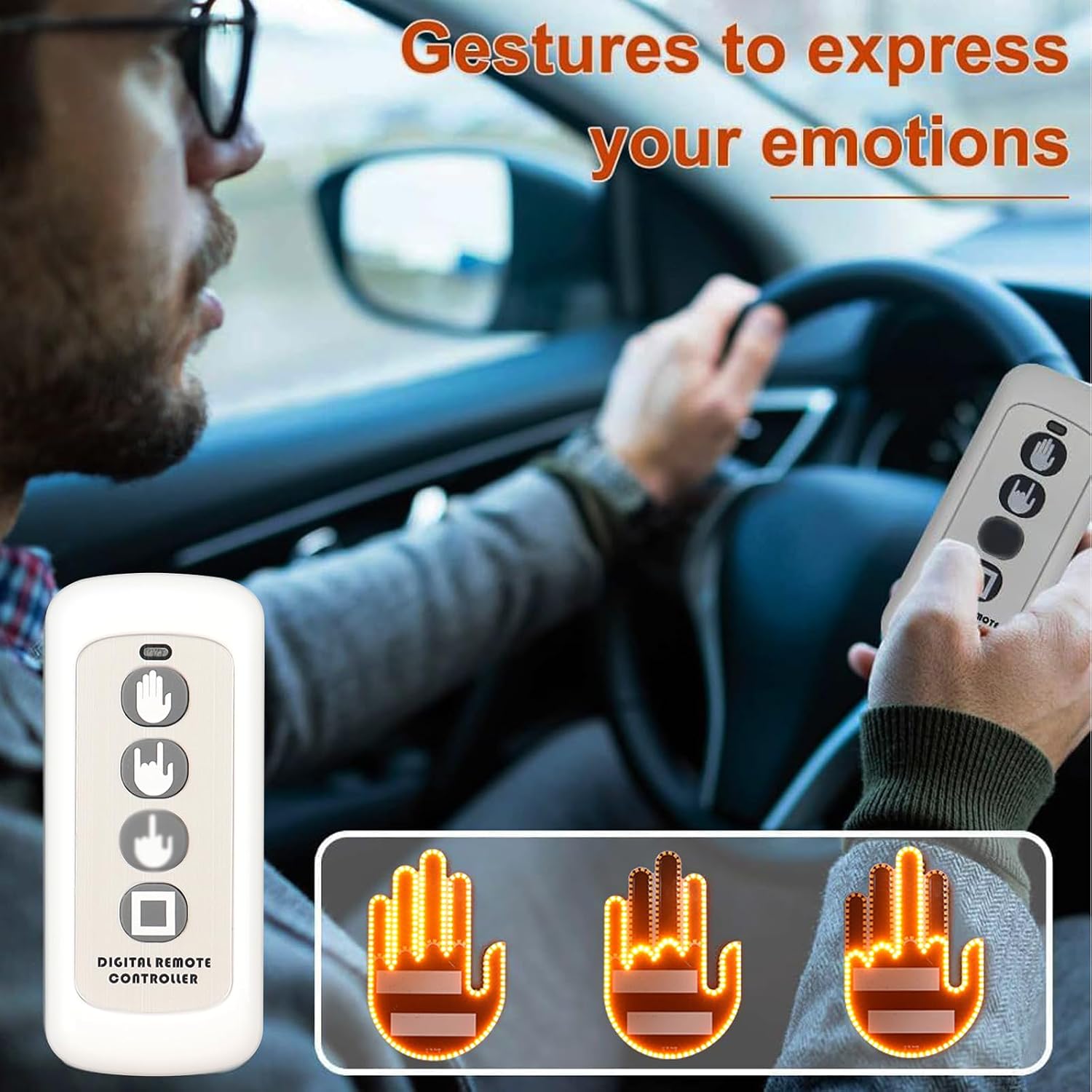 Car Finger Light with Remote Control, Funny LED Gesture Hand Lighting with 3 Modes, Window Sign Light Warning Reminder for Women and Men, Cool Car Gadgets Truck Accessories