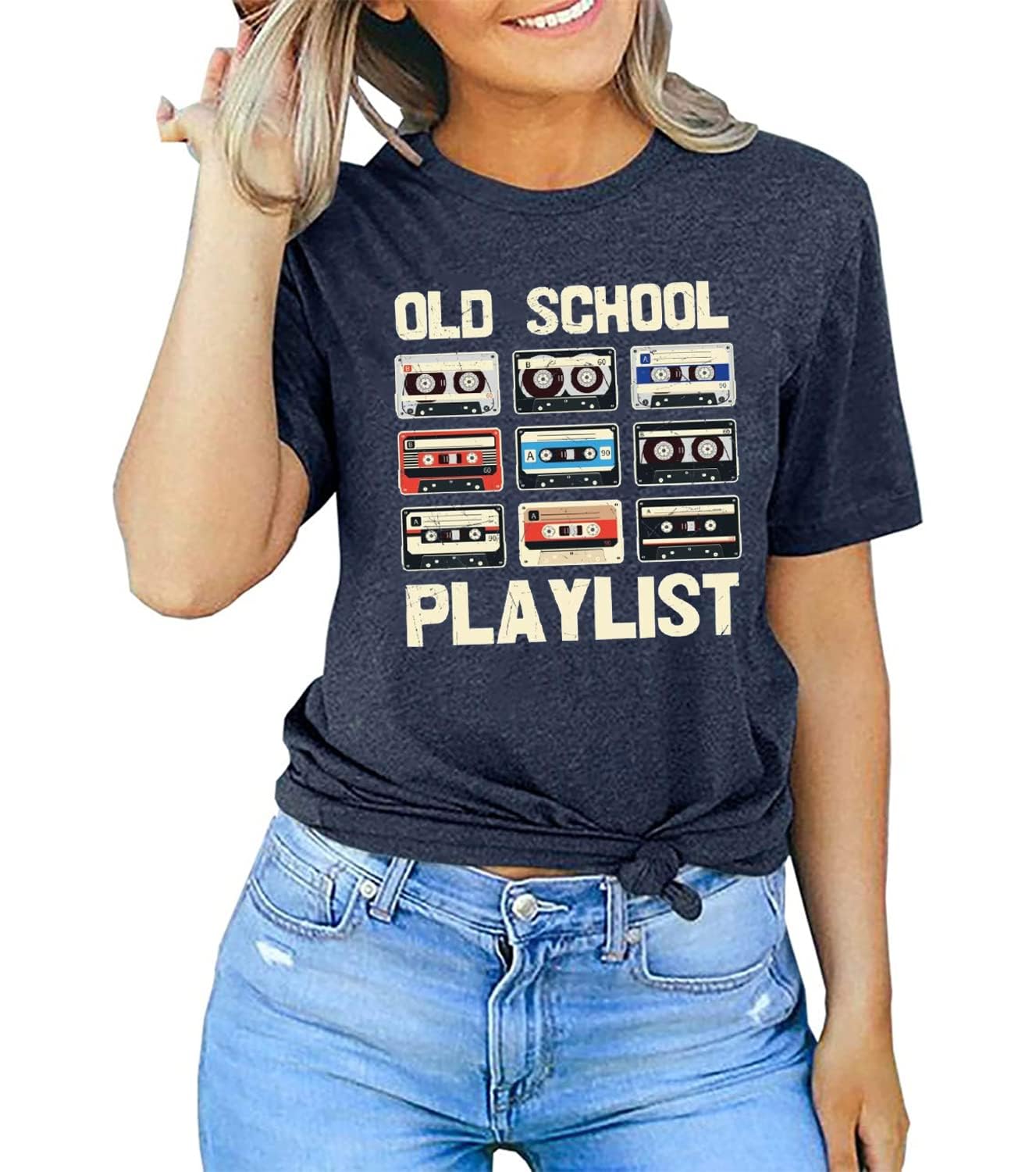 Retro 80er Jahre T-Shirt für Damen, Kassettenband, Musik, Old School, Playlist-Shirt, Vintage-Grafik-T-Shirt, lässig, lockere Oberteile
