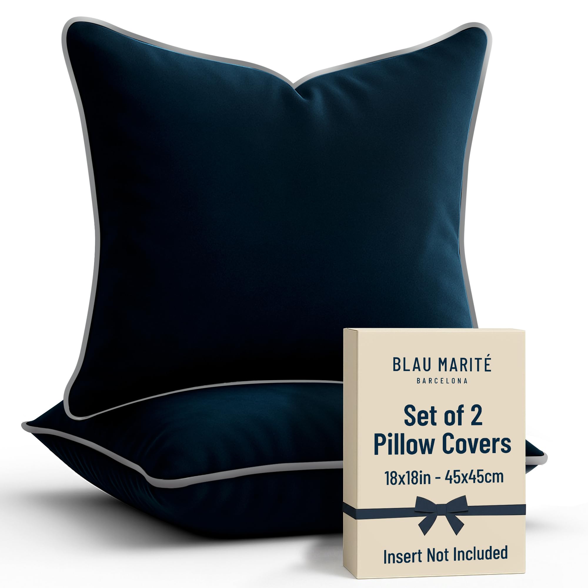 Blau Marité 2 Pack Velvet Decorative Throw Pillow Covers, 18"x18", Navy Blue and Grey, Solid, Modern, Contrast Piping, Indoor Use, Bedroom & Living