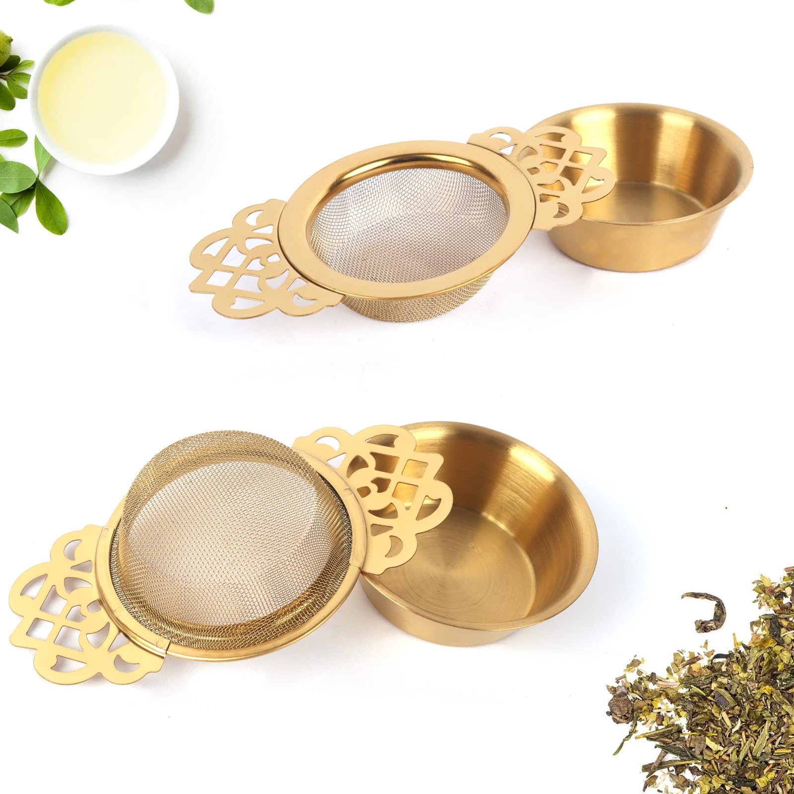 Guerity 2pcs Tea Strainer for Loose Teas, Gold Fine Mesh Tea Strainers with Drip Bowls, Loose Leaf Teas Filter Infuser with Handle (2PCS, Gold)