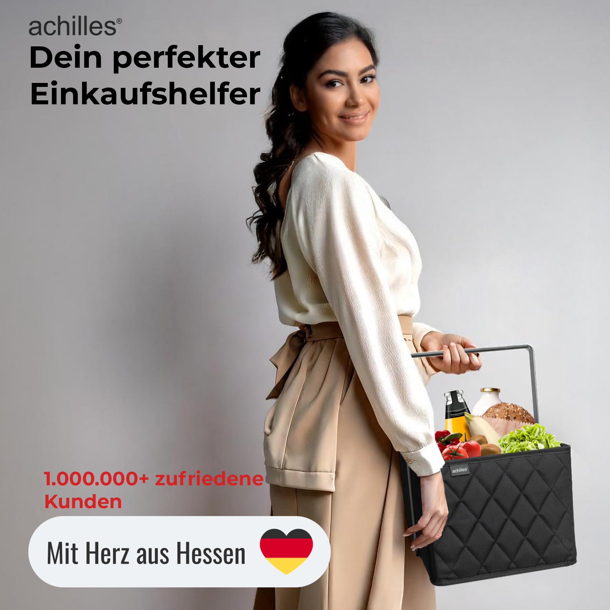 achilles Einkaufskorb Edge - praktischer Tragekorb zum Einkaufen - klappbare Einkaufsbox mit Alu-Griff - platzsparender Korb für den Auto Kofferraum - schwarz