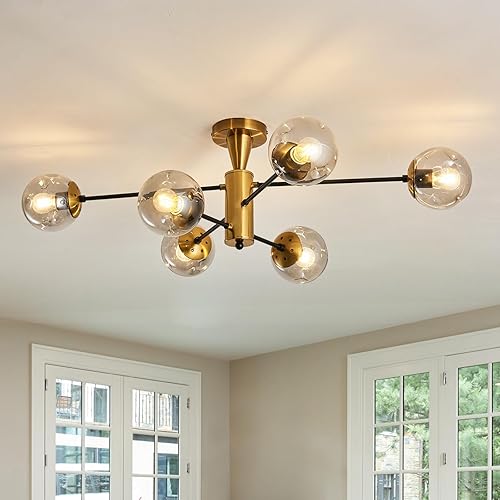 Modern Semi Flush Mount Ceiling Light Fixture 6-Light Sputnik Gold Chandelier with Glass Globe Mid Century Ceiling Lighting for Dinning Room Farmhouse Kitchen Bedroom Living Room