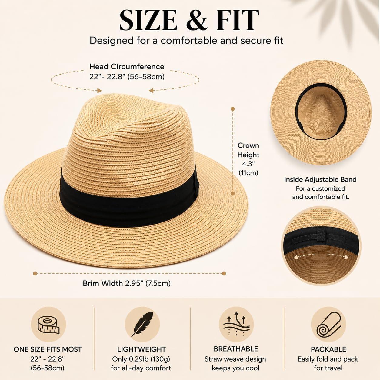 Women's Wide Brim Straw Fedora Sun Hat UV Protection Beach Hat