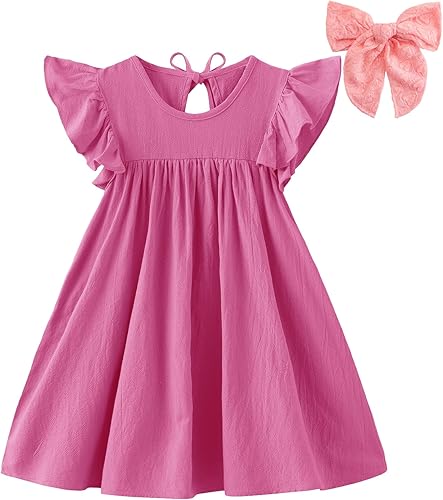 Ncycullo Vestido de lino de algodón con mangas con volantes para niñas pequeñas, sin mangas, vestido de lazo en la espalda, vestido casual de verano