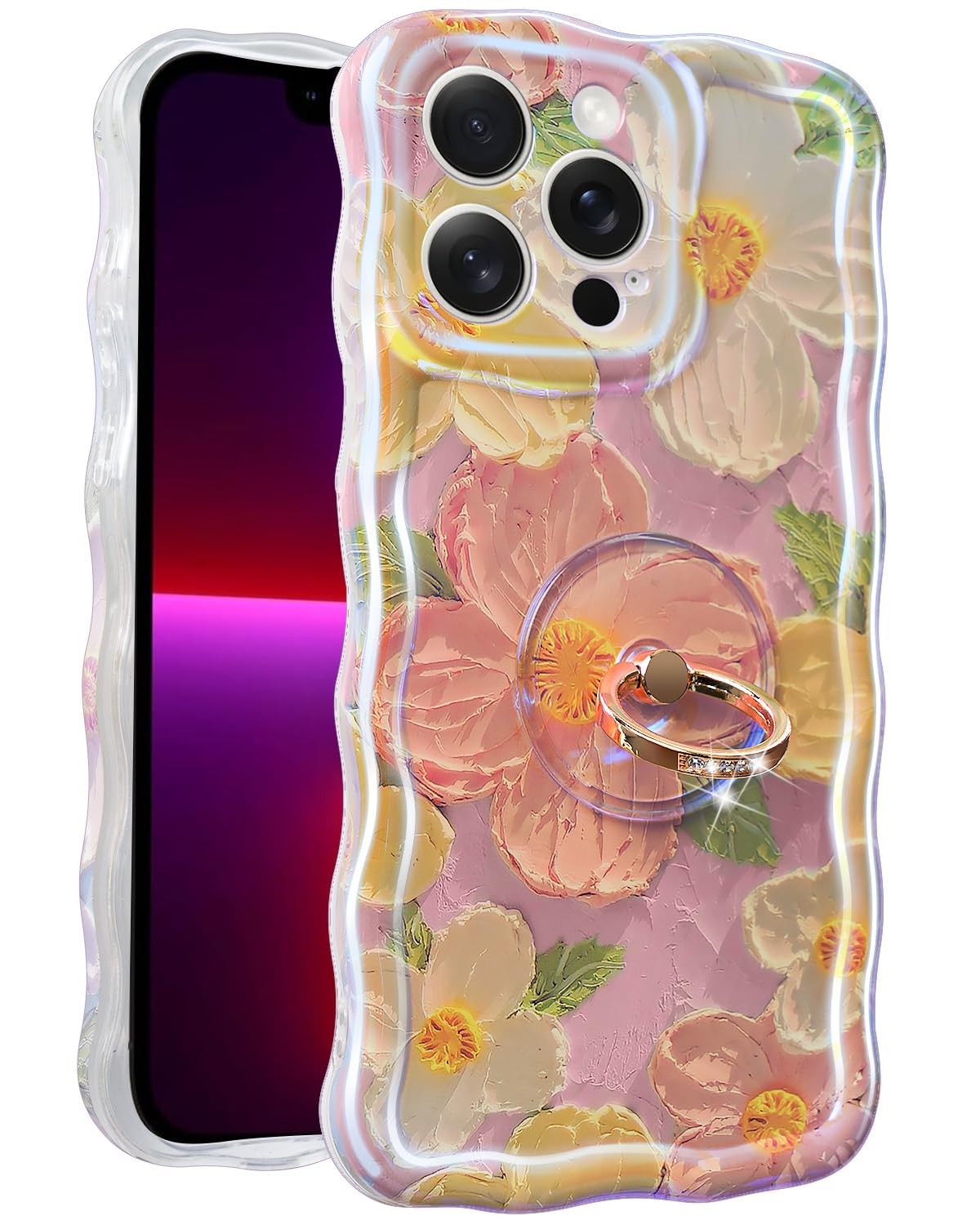 Miss Arts for iPhone 12 Pro Case with Ring, Oil Painting Flower Colorful Retro Floral Cute Curly Wave Frame Women Girls Cover for Apple 12 Pro (Pink)