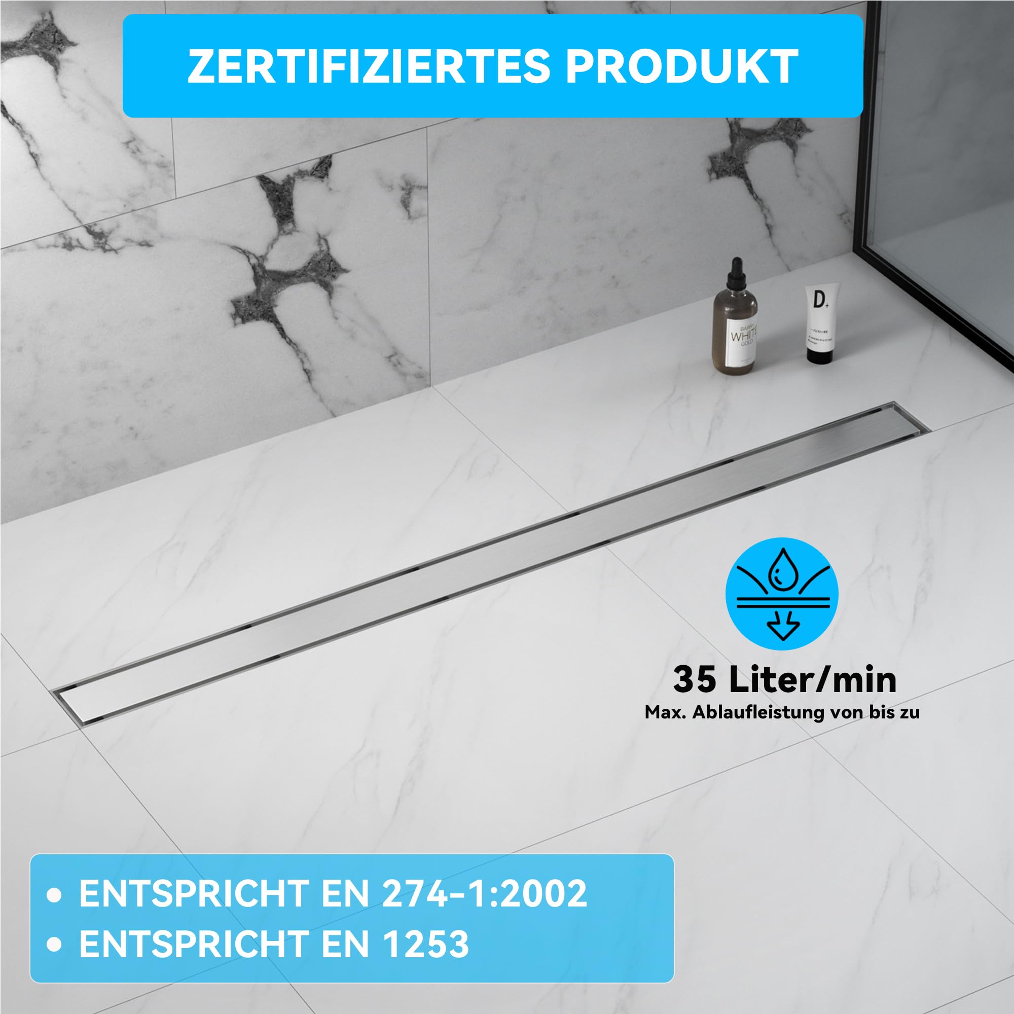 Warmfay Duschrinne 60 cm, Befliesbare Edelstahl Extra Flach Duschablauf, Bodenablauf Dusche Komplettset inkl. Haarsieb Siphon Geruchsstop - Randablauf
