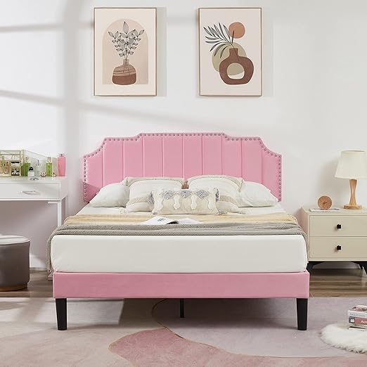 VECELO Pink Queen Size Bed Frame Upholstered Platform with
