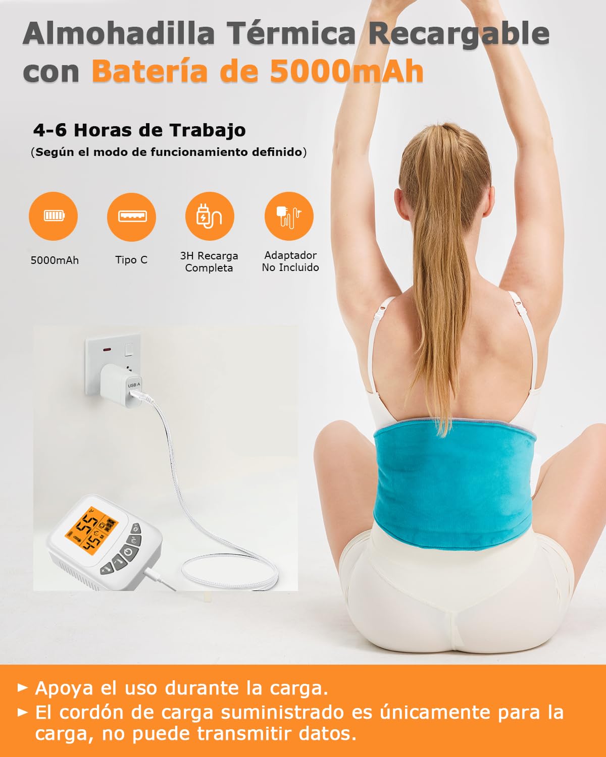 JOBYNA Almohadilla Eléctrica Lumbar, Manta Eléctrica Inalámbrica con Vibración, 5000mAh Masajeador Lumbar, 40-60℃ y 3 Modos de Vibración, Para Aliviar El Dolor la Zona Lumbar, Espalda y Abdominal