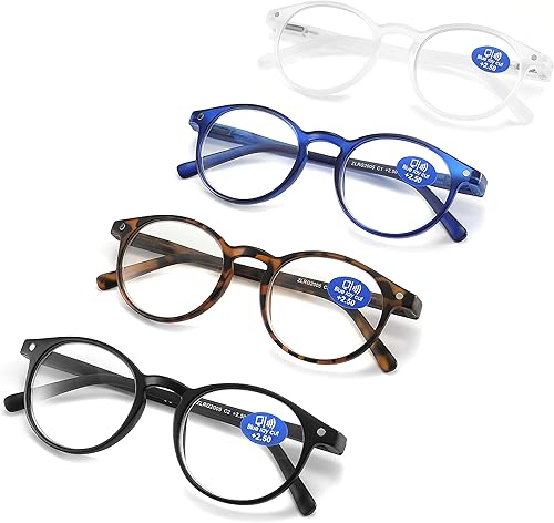 Lentes de lectura con bloqueo de luz azul, lentes redondos con bisagras de resorte para hombres y mujeres, 4 pares de colores mixtos con filtro