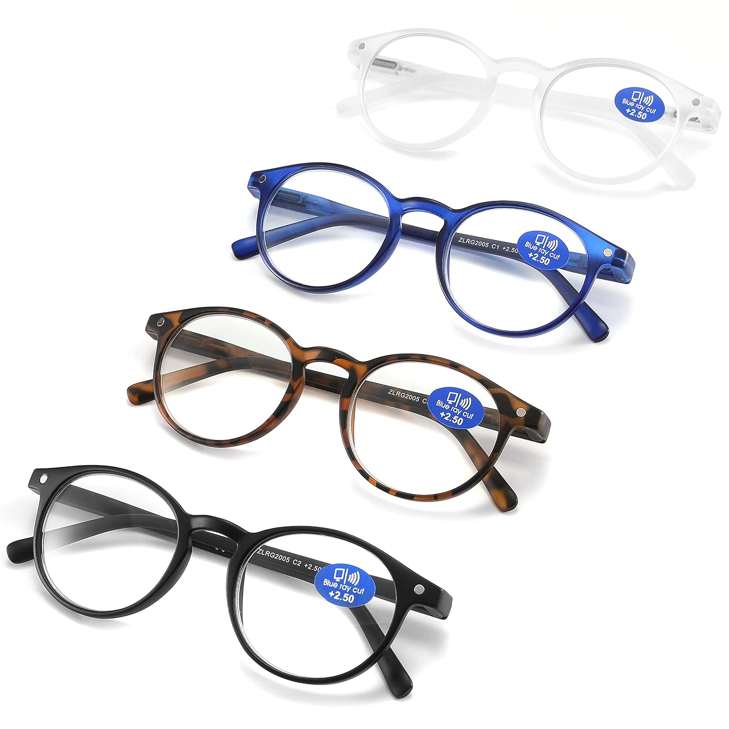 AIKLLY Reading Glasses Blue Light Blocking - Spring Hinges Round Eyeglasses for Men Women 4 Pairs Mix Color