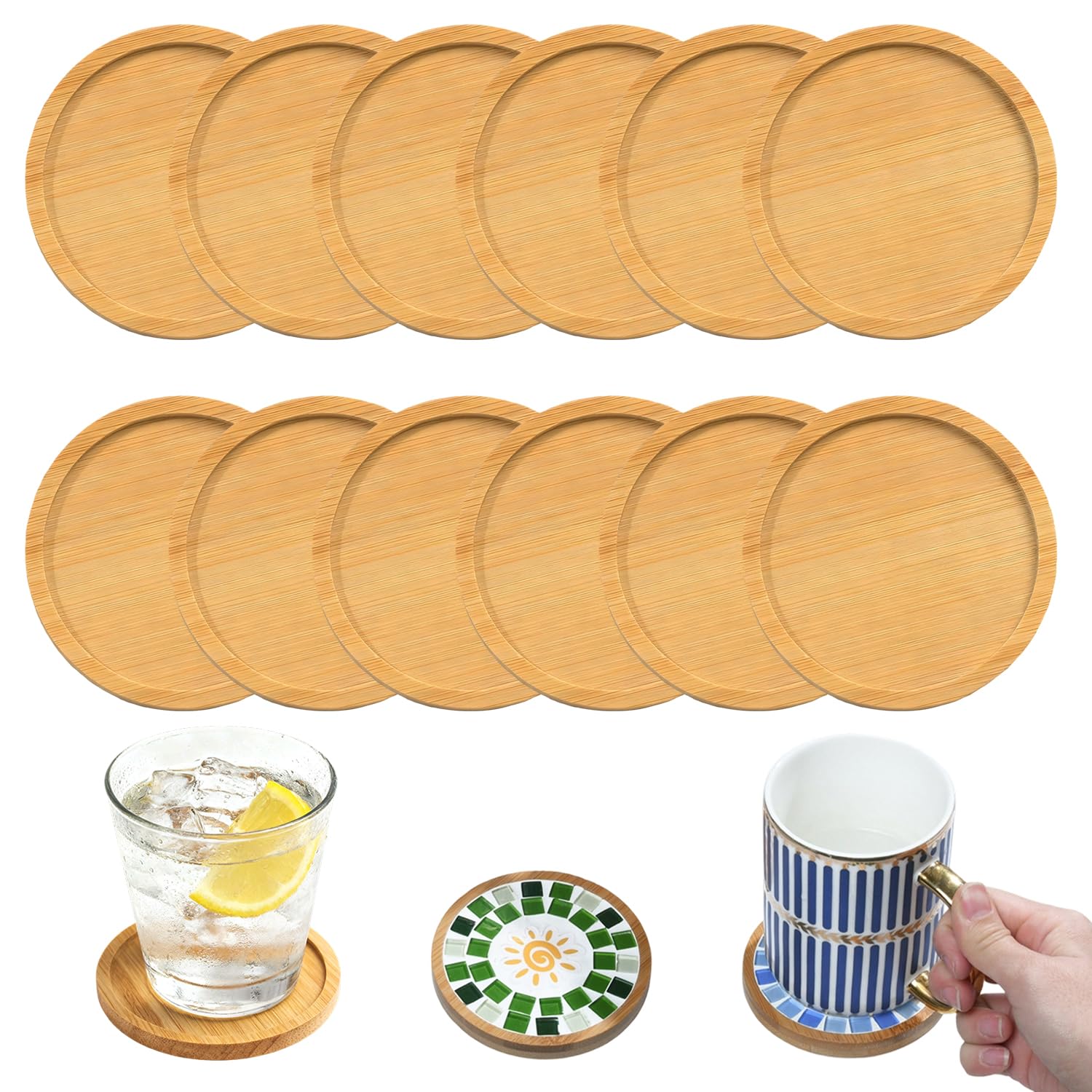 12 Pcs Bamboo Mosaic Coasters for Drinks, Reusable Wooden Drink Coasters
