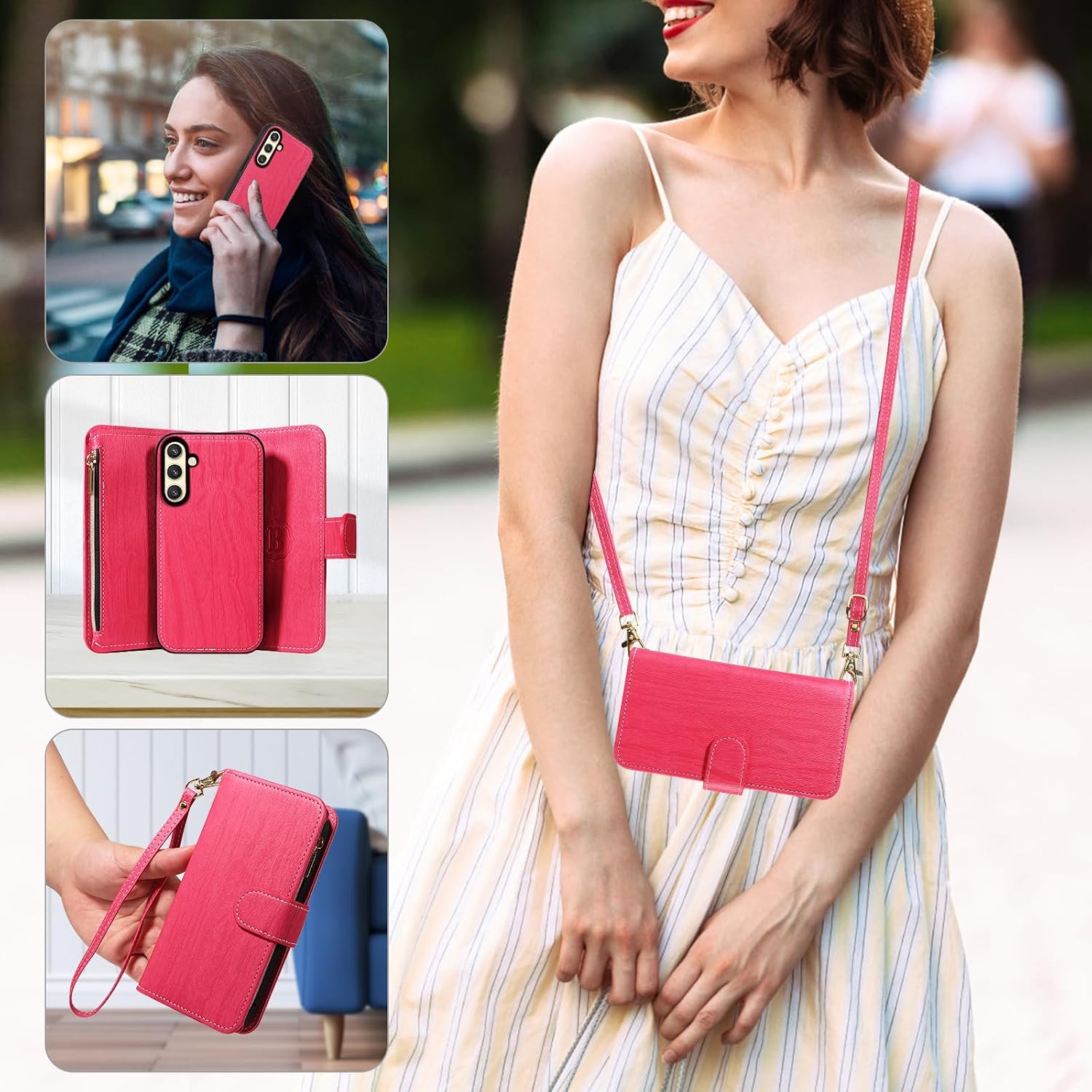 Asuwish Phone Case for Samsung Galaxy S24 5G Zipper Wallet Detachable Cell Cover with Tempered Glass Screen Protector Crossbody Strap Flower Flip Card Holder Slot S 24 24S G5 Women Men Girls Rose Red