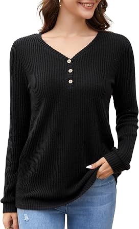 ENMAIN Womens Long Sleeve Shirts Pullover Knit V Neck Cozy Sweaters Tops Slim Fit Fall Outfits Casual T-Shirt Trendy Top