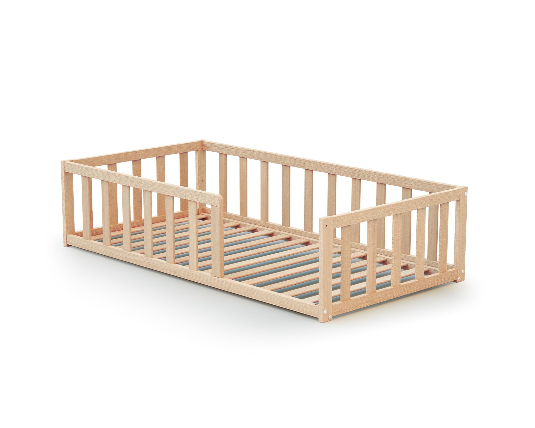 WEBABY - Lit Enfant au Sol Bois 70 x 140 cm KAÏA | avec barrières Anti-Chutes | Lit Junior | Sommier à Lattes Inclus | Autonomie | Sécurité (Beige, Lit de bébé)