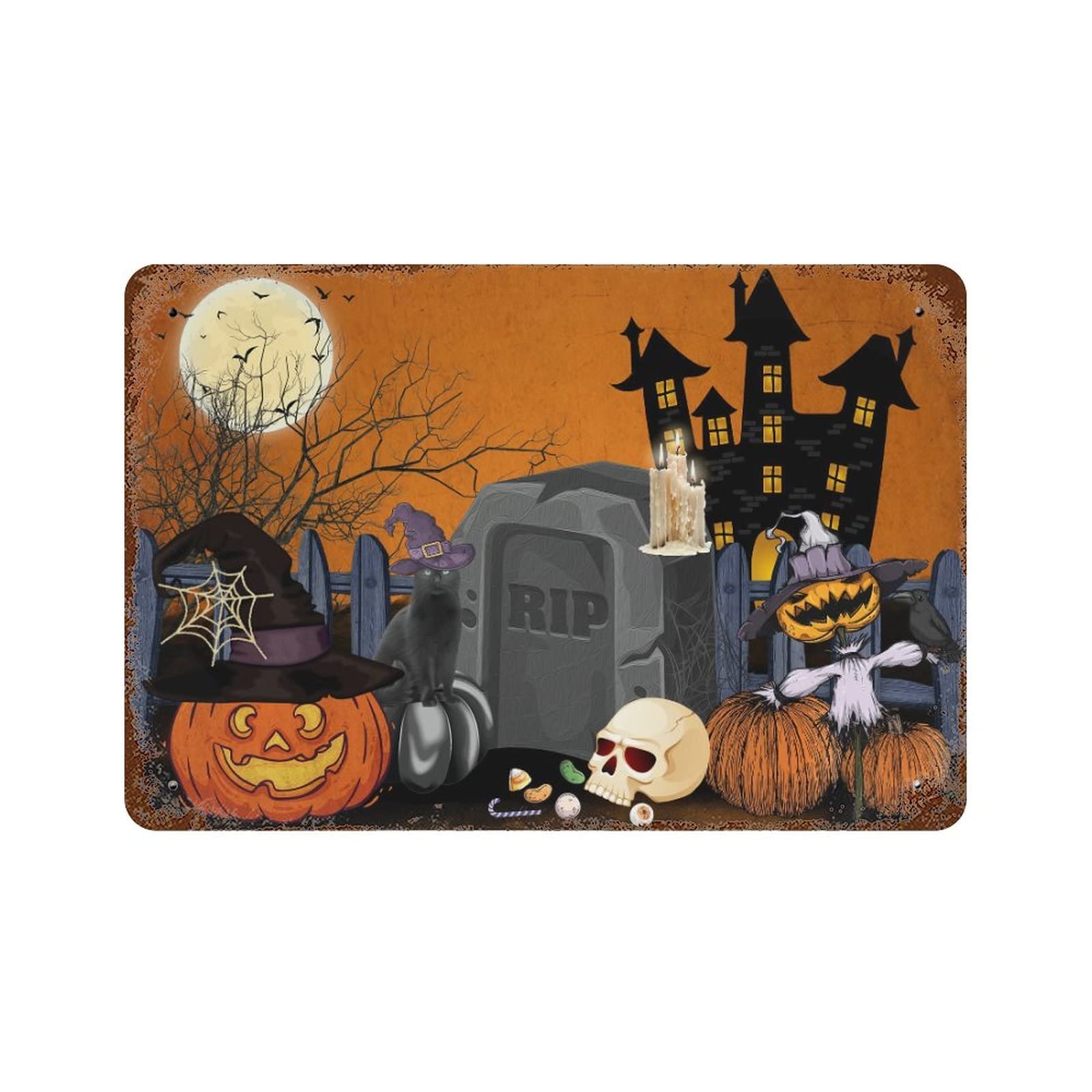 Panneau métal citrouille et chat Happy Halloween sans percer le mur