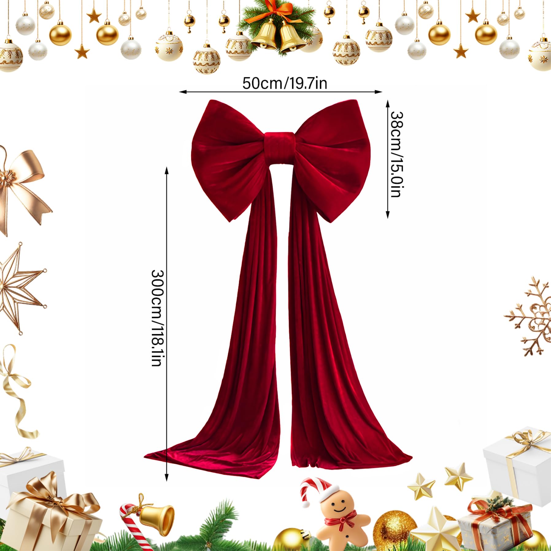 Fiocco puntale per albero di Natale extra large, fiocco in velluto rosso con trascinamento di 9, 8 piedi per decorazioni natalizie da parete con ghirlanda di alberi/20x15 pollici
