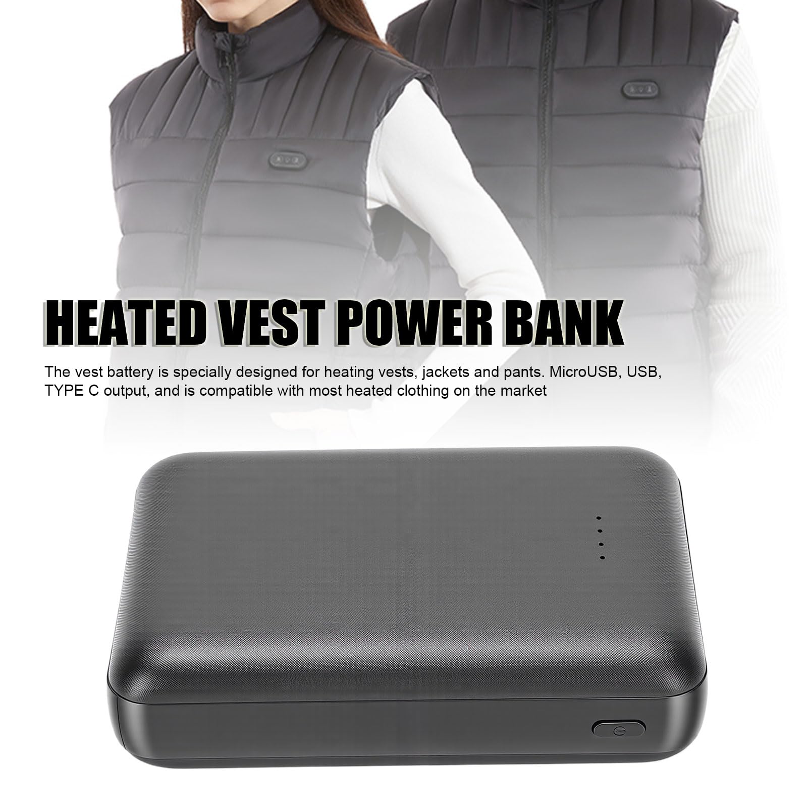 Vikye Batterie de Gilet Chauffant 20000mAh, Batterie Externe 5V 2A avec Voyant Lumineux, Rechargeable pour Gilet Chauffant, Veste et Pantalon
