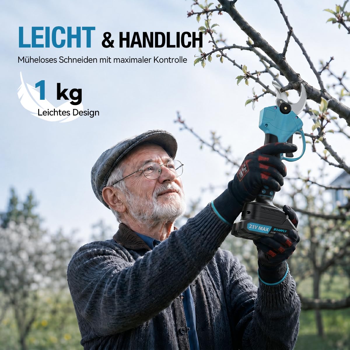 SOARFLY Akku Astschere, Akku Gartenschere mit 2x2000mAh Batterien, 35mm Maximaler Schnittdurchmesser, Brushless Motor mit LCD Display und Energiesparfunktion für Garten und Obstbäume (Blau)