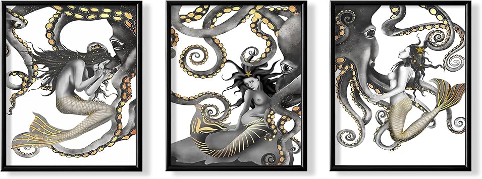 Gold Mermaid and Octopus Wall Art - Nautical Picture Print - Gothic Bathroom Decor - Steampunk Room Decor for Washroom Restroom - Kraken Art Nouvean Deco - Party Decorations - Gifts for Mermaid Merman