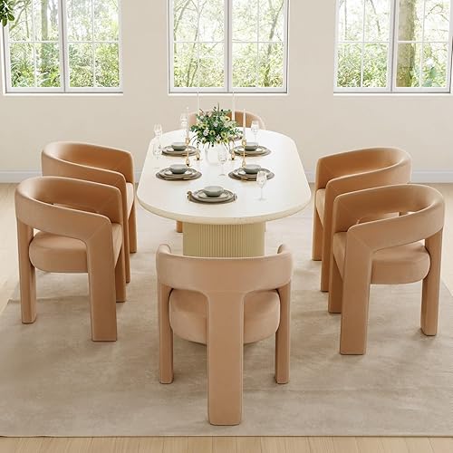 Set of 6 Modern Velvet Fabric Upholstered Dining Chairs with Open-Back, Cute Barrel Side Chairs Kitchen Armchair Accent Chairs for Dining Room Bedroom, Khaki