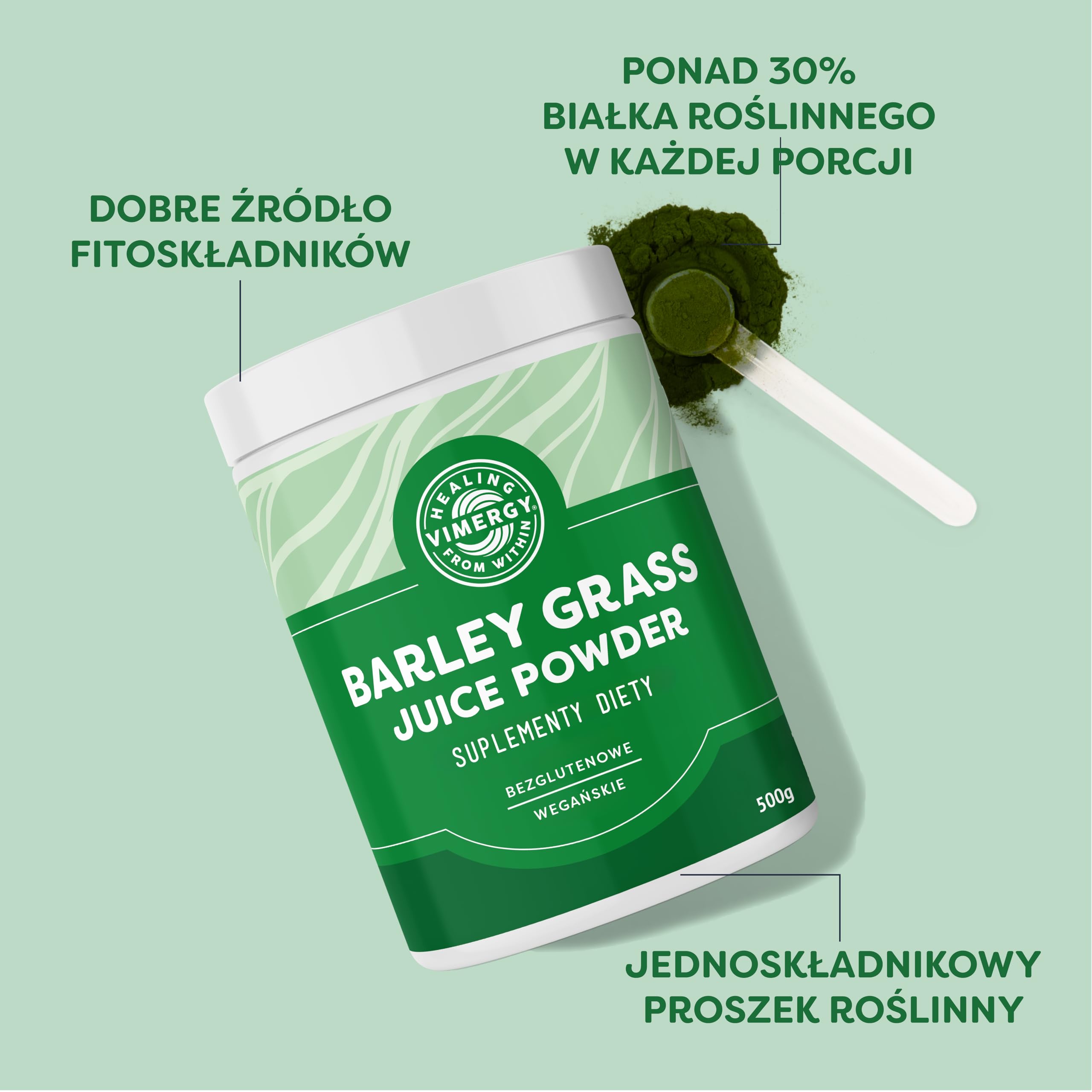 Vimergy Sok z Trawy Jęczmiennej w Proszku, 125 Porcji – Sok z Trawy Jęczmiennej Super Greens – Wegański Suplement – Bez Antyzbrylaczy, Wypełniaczy, Aromatów i Cukru – Bez GMO i Bezglutenowy (500 g)