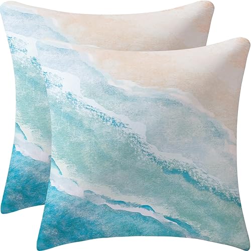 Miniatura 1 de Fundas de almohada azules con acuarela de playa, mar, océano, paisajes de naturaleza, funda de cojín cuadrada para sofá, cama, dormitorio,