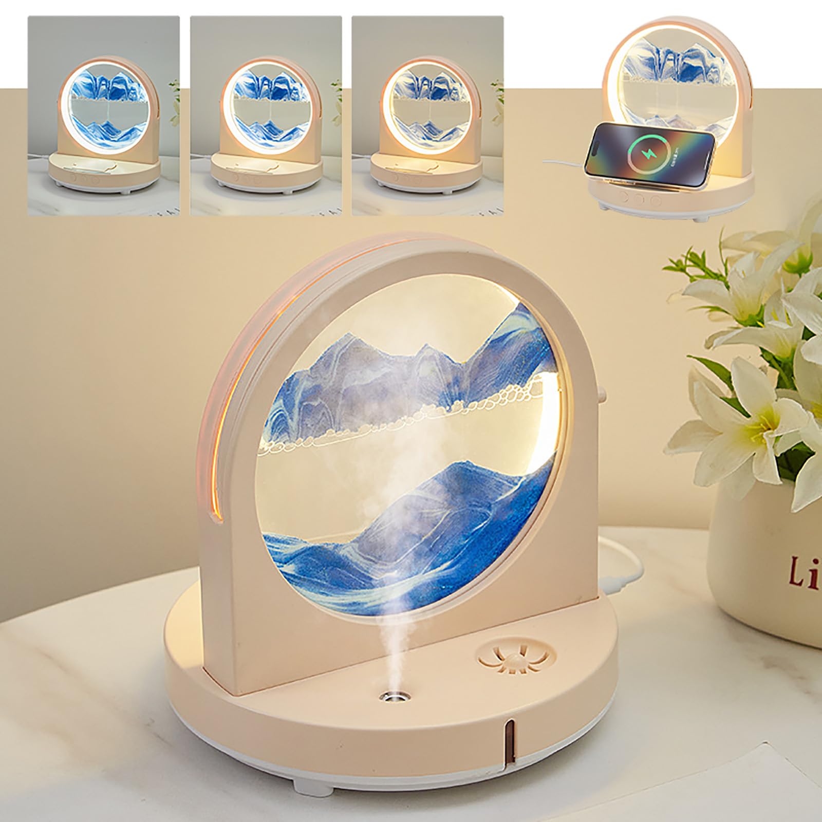 Moving Sand Art Table Lamp with Wireless Charger & Speaker 360° Rotating Hourglass Lights 3 Colors Flowing Sand Night Light Dimmable Quicksand Beside Lamp Sensory Relaxing Desktop Table Decor