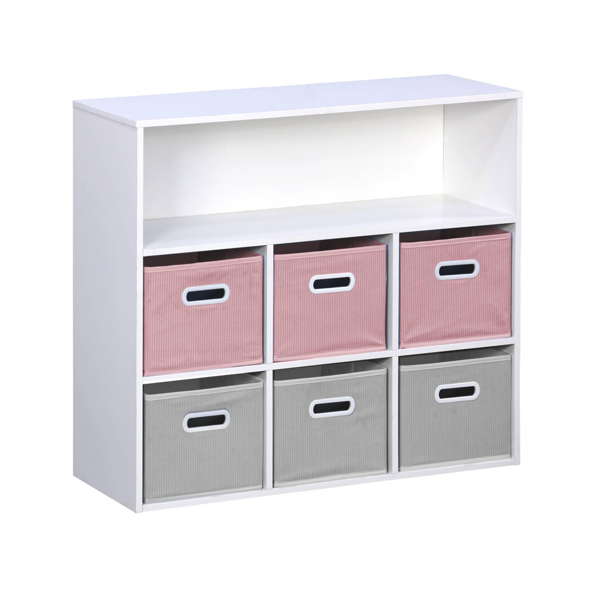 Libreria per bambini con 6 cestini in velluto, Camille, Rosa, 129.5x76.2x70 cm