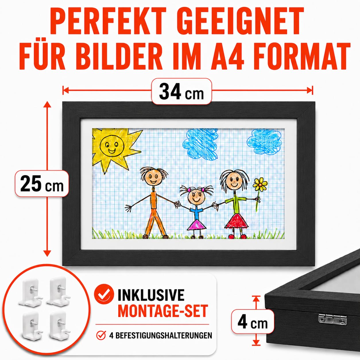 BALA® Schwarz Bilderrahmen A4 – 2er Set Wechselrahmen für Kinderzeichnungen & Kunstwerke, mit Frontöffnung zum Aufklappen, ideal für Kita & Schule, zum Aufhängen oder Aufstellen, für 120+ Bilder
