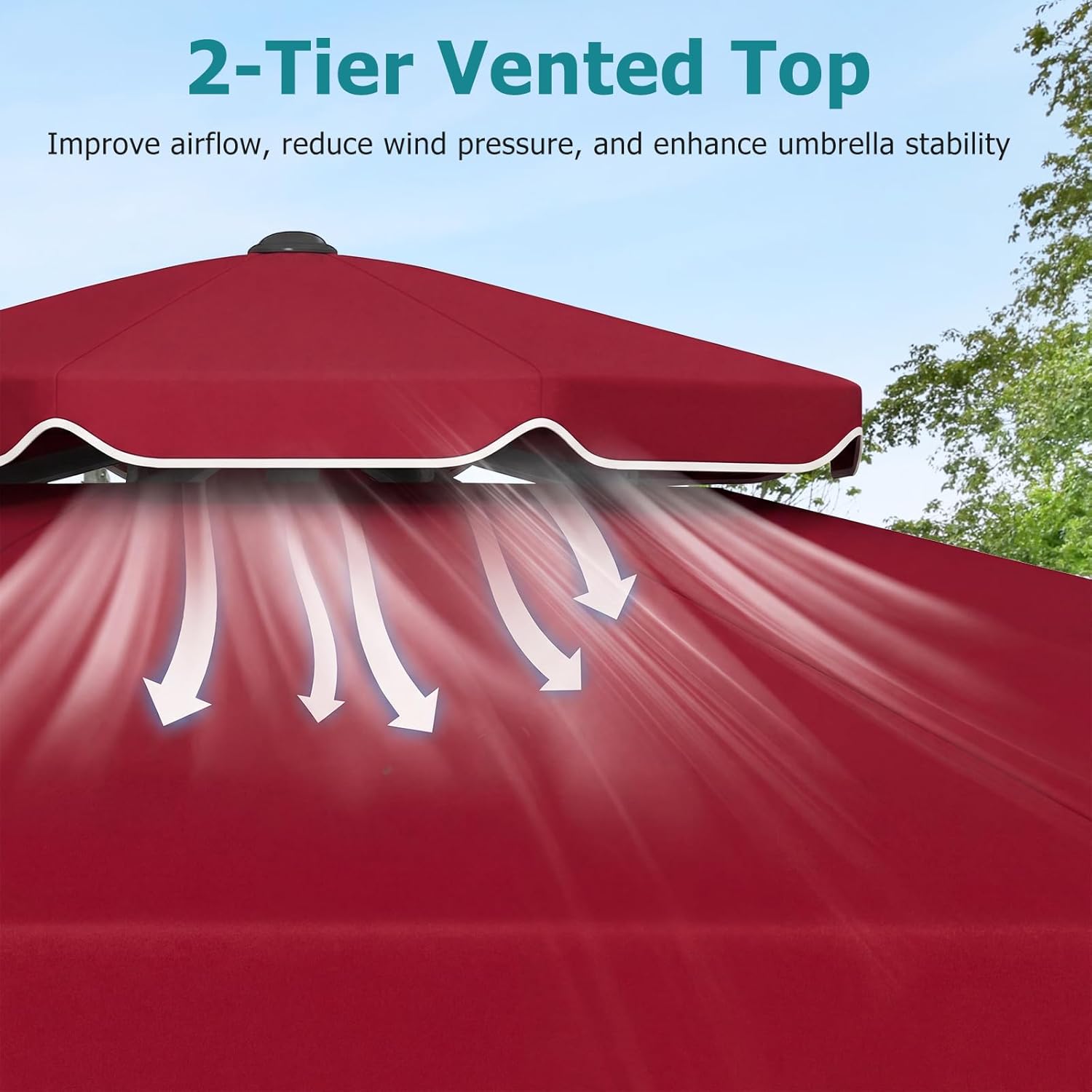 Happygrill 10 FT Patio Umbrella, Scalloped Outdoor Table Market Umbrella with Push Button Tilt & Crank, 2-Tier Vented Top, Heavy-Duty 8 Metal Ribs, Sun-Protective Canopy, Ruffle for Deck Pool Garden (Red)