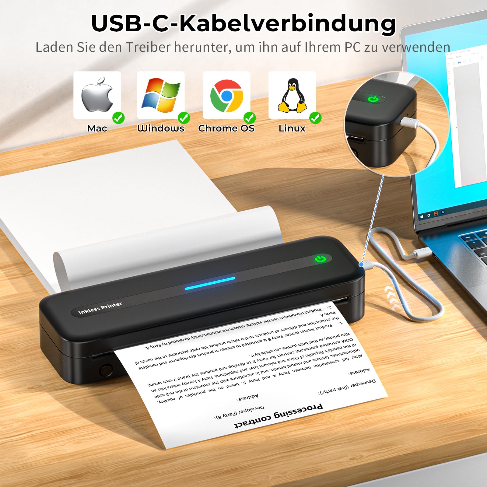 Mobiler Drucker A4 für Unterwegs, Tragbarer Drucker Thermodrucker A4 Wireless Bluetooth Inkless Handy Printer, 300dpi Portable Kompakt Reisedrucker für Android/iOS/Win/Mac Laptop